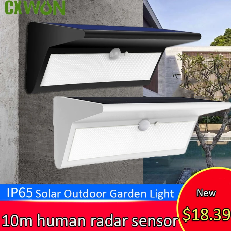 Lâmpada de jardim ao ar livre com painel solar, 46LEDs, sensor de movimento, 4 modos, iluminação para segurança da parede, quintal, pátio, cerca, rua, 6000K