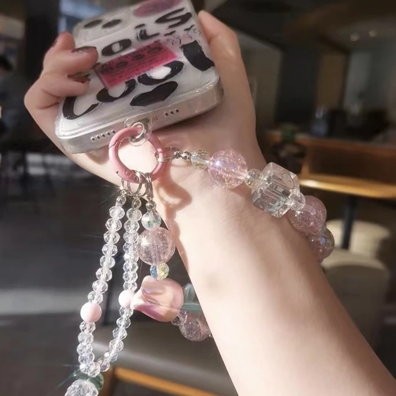 Mobile Phone Lanyard Women Colorful Tulip Crystal Beads Pendant Double Chain Short Wrist Chain Hand-Beaded Anti-lost Charm Strap