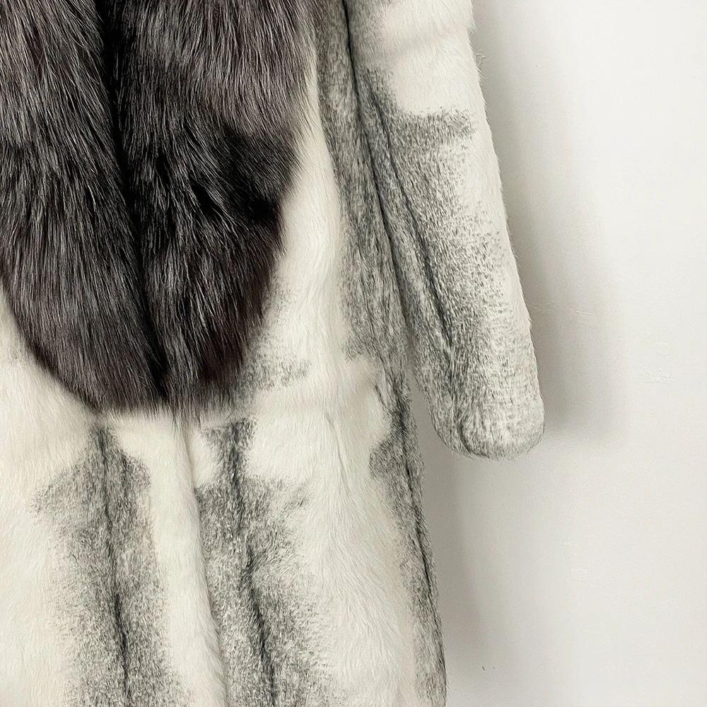 Chaqueta de piel de realidad para mujer, cuello de piel de zorro auténtica, abrigo de piel de conejo Natural grueso y cálido de lujo de longitud media para otoño e invierno