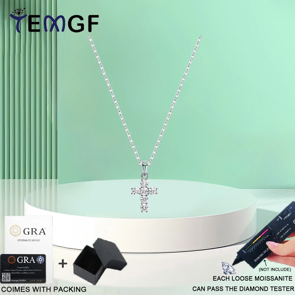 

TEMGF Full 3mm Moissanite Pendant Necklace S925 Silver Neck Chain Unique Cross Design for Women Sparkling Fine Jewelry Gifts