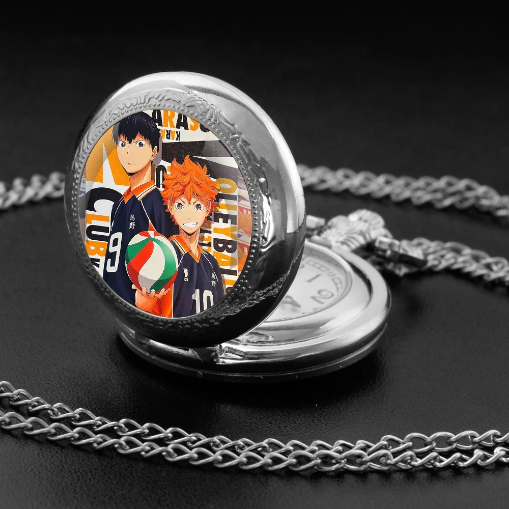 Classic Anime Haikyuu!! Design Quartz Pocket Watch Gift Set with Durable Chain and Arabic Numeral Face Timeless Present for Men