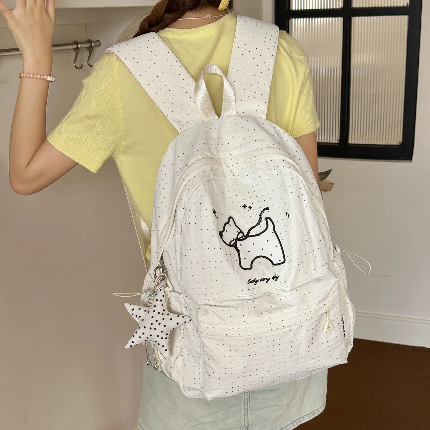 Women Nylon Backpack Girls Cute Polka Dot School Bag Lightweight Daily Travel Rucksack with Animal Line Art Front Pocket