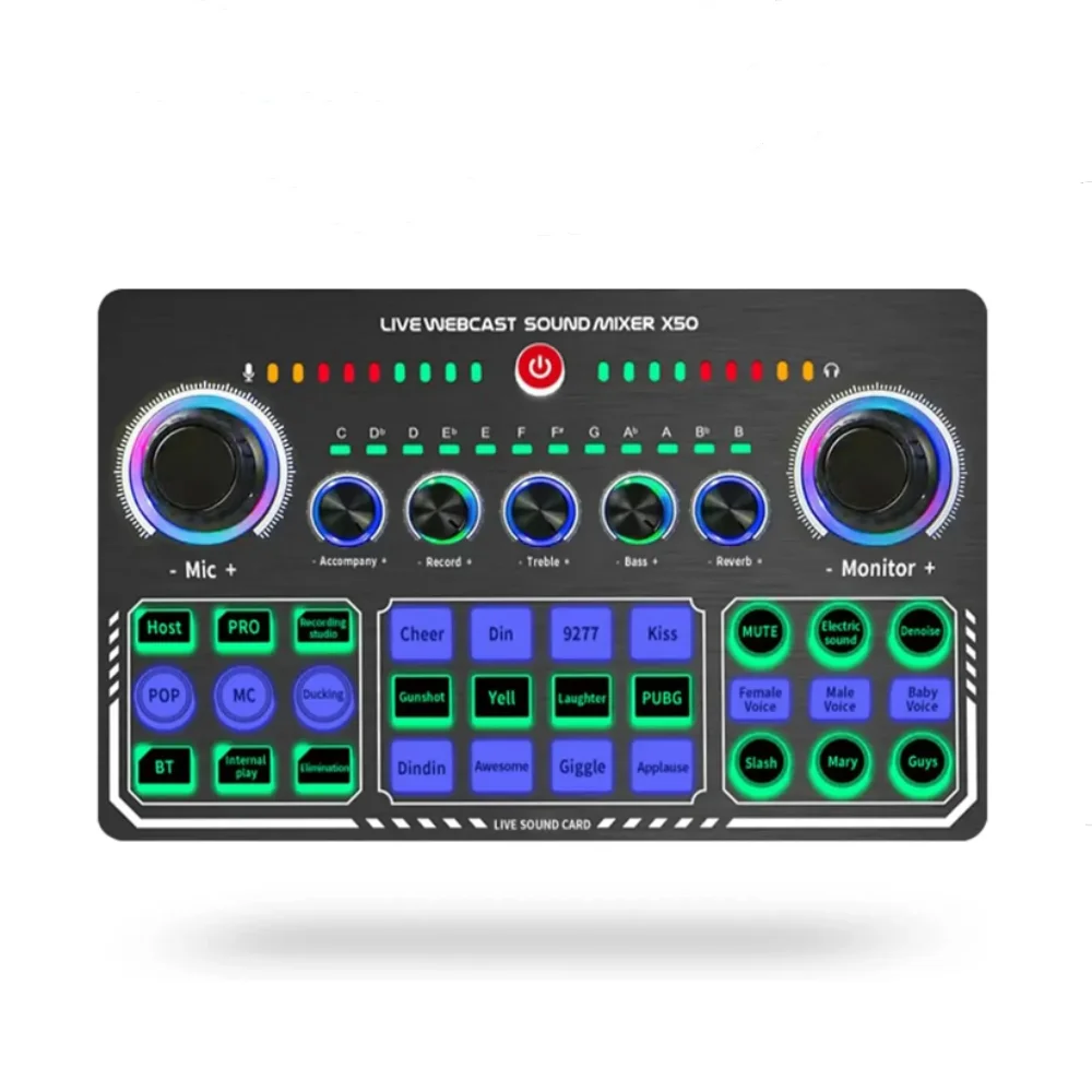 X50 Professional Recording Studio Sound Cards Live Stream Sound Card Dual Channel Live Broadcast Audio Mixer Interface