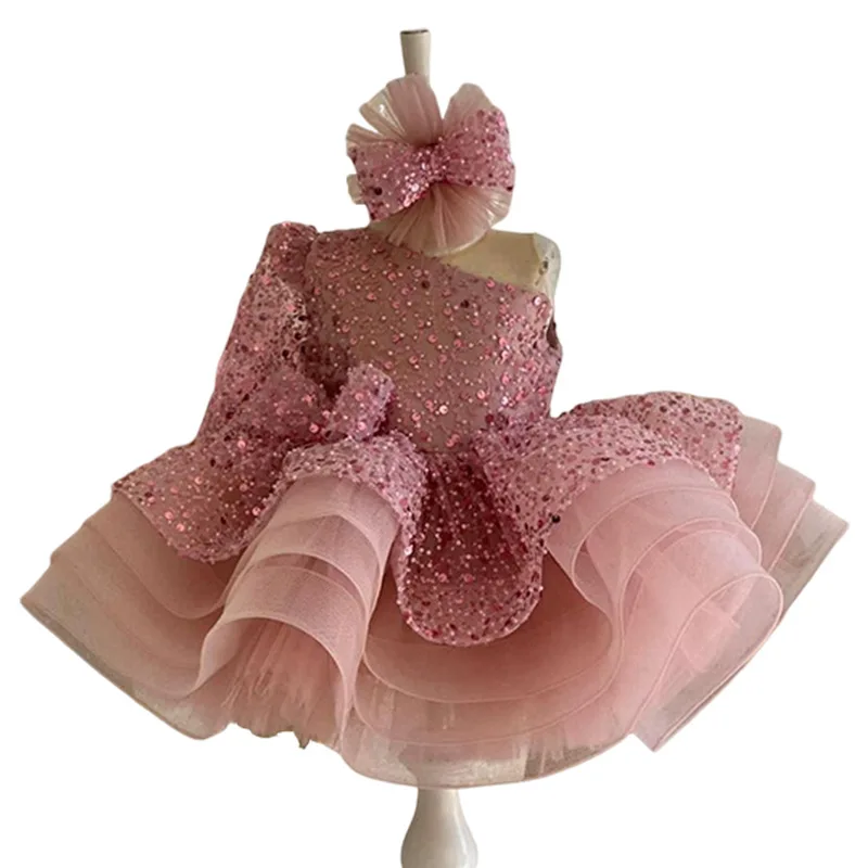 Baby Girls Prom Ball Gown Princess Fluffy Girls Christmas Party Dresses Elegant Pink Sequin Mesh Puffy Vestido Children Clothing