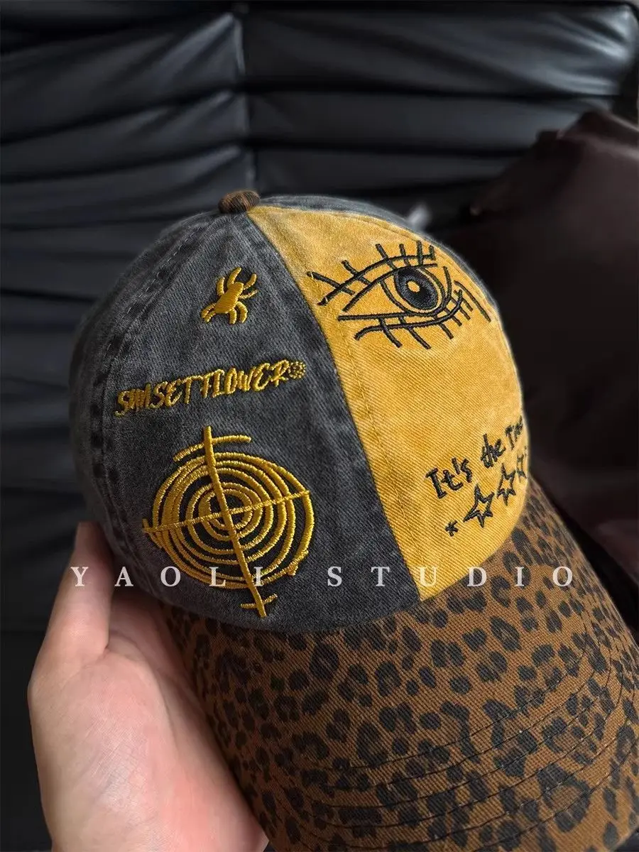 Vintage Leopard Print Baseball Cap Leopard Print Brim Evil Eye Target Embroidery Hat Retro Streetwear Hip Hop Outdoor Sun Hat