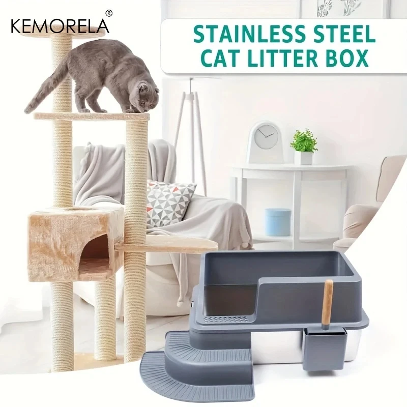 Extra Large 20L Stainless Steel Cat Litter Box With Stair Foot Pad Splash-Proof Easy To Clean Odorless Toilet Cat Litter Box view 4