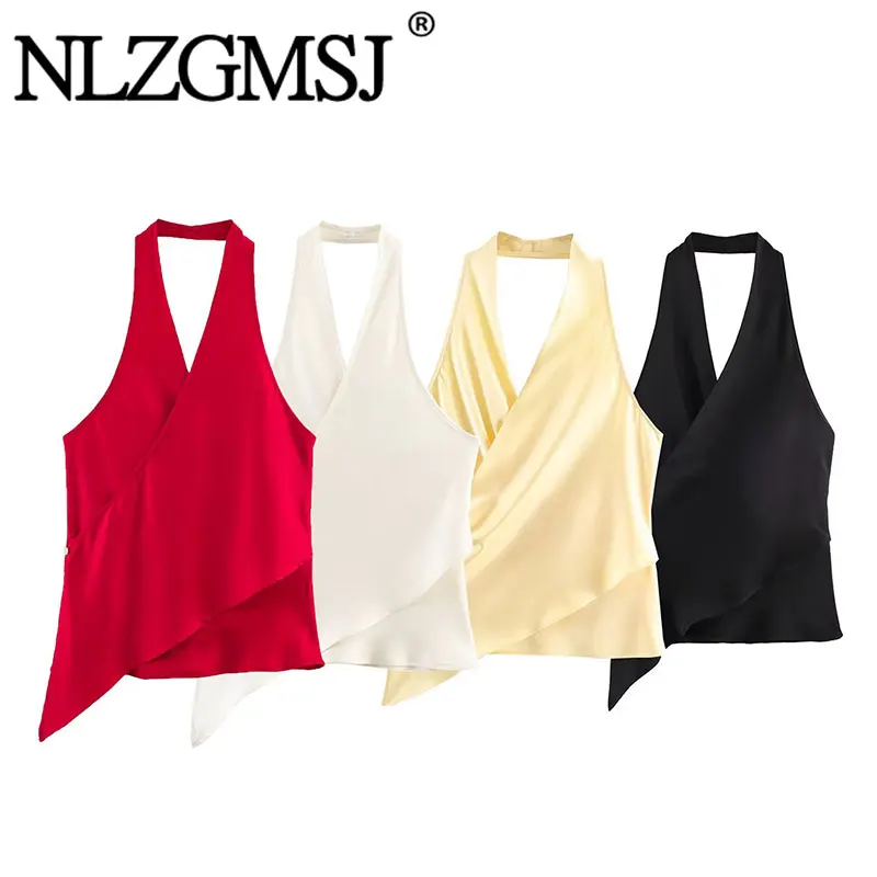 Nlzgmsj 2026 Frühling Sexy Schicke Satin-Tops für Damen, Neckholder Rückenfreie Strand- und Party-Mode Satin-Tops