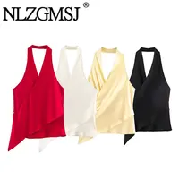Nlzgmsj 2026 Primavera Sexy Chic Tops de Satén para Mujer, Halter sin Espalda, para Playa, Vacaciones, Fiesta, Moda