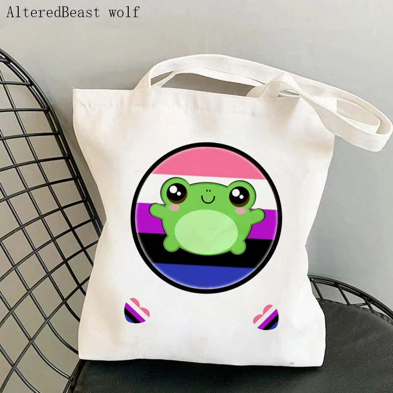 Women Shopper bag Kawaii Froggy In LGBTQIA Pride Circle And Progressive Pride Bag Harajuku Canvas Shopper Bag girl handbag Bag