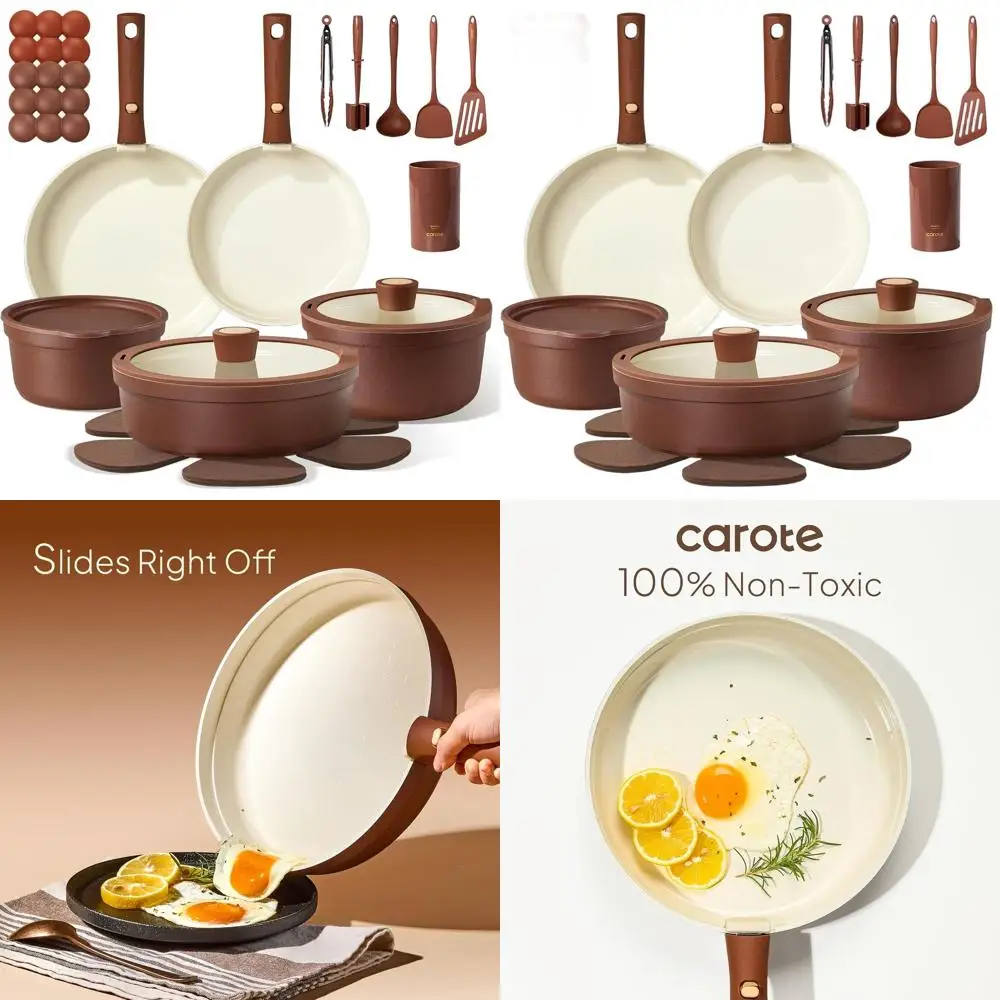 

Non-Stick 22-Piece Ceramic Cookware Set with Detachable Pans, Oven & Dishwasher Safe, Incl. Knife/Utensil Set