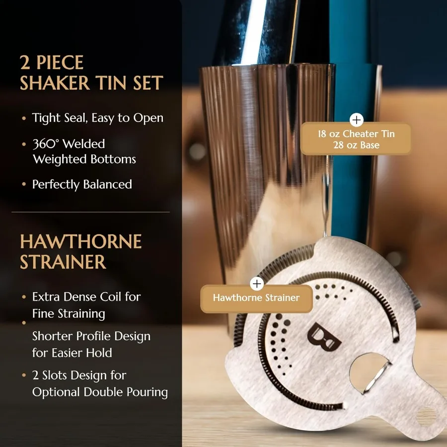 5 Piece Cocktail Kit by Premium Bartender Gift Set Includes Weighted 2 Piece Boston Shaker Hammered Bell Jigger Hawthorne Strai