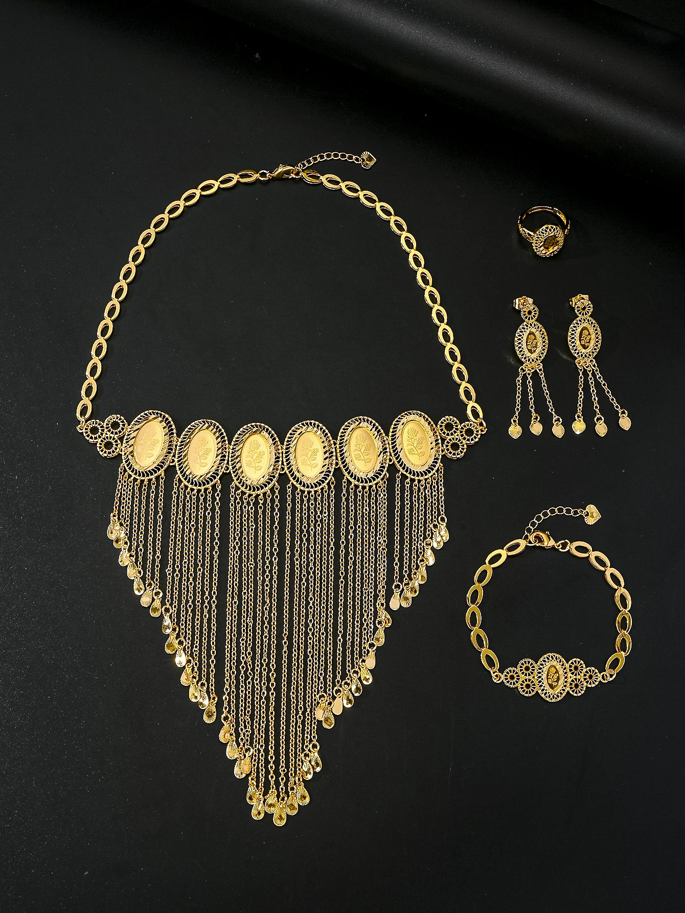 African Fashion Jewelry Set Tassel Necklace Bracelet Charm Bridal Earrings Ring for Women Christmas Gift