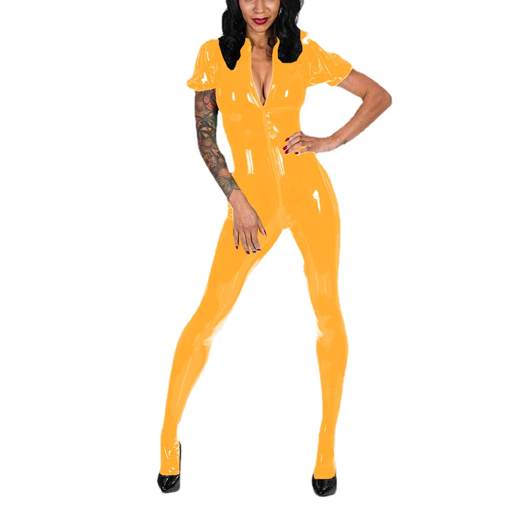 Smooth PVC Leather Jumpsuits for Women,Puff Short Sleeve,Zipper Open Crotch,Full Body,Sexy Pole Dance Rompers,Female Tights,Club