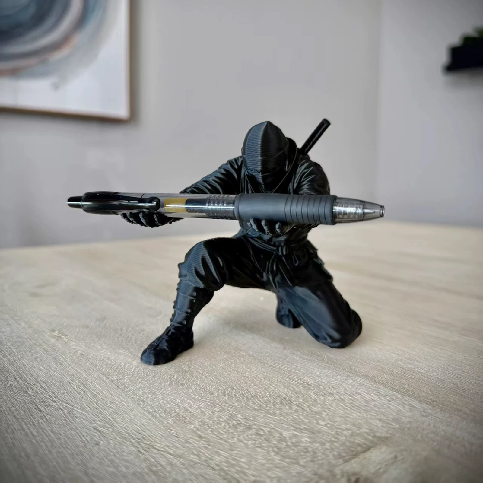 3D Printed Ninja Figurine Black Warrior Cartoon Design with Storage Function PLA Material for Desk Decoration