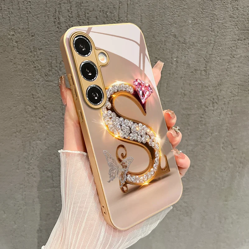 Pink diamond letter "S" Tempered Glass Fashion phone case for Samsung Galaxy S26/S25/S24/S23/S22/S21 FE Ultra Plus Dropresistant