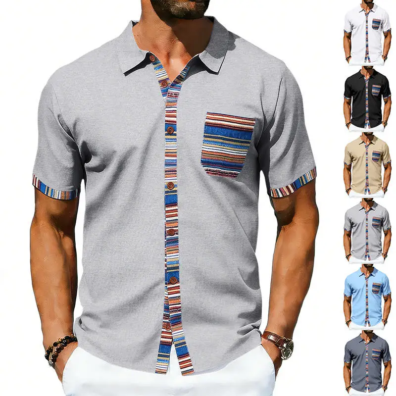 

New Summer Men's Bohemian Style Color Block Casual Shirt Stand Collar Short Sleeve Transient Fashion Independent Station