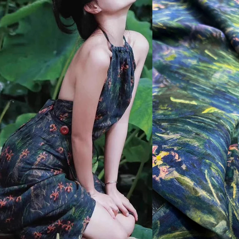 

Цветочный принт на синем зеленом геймпаде, шелковая ткань Гуандун, для платья в стиле Ципао, мягкая стрейчевая ткань шириной 25 мм R392