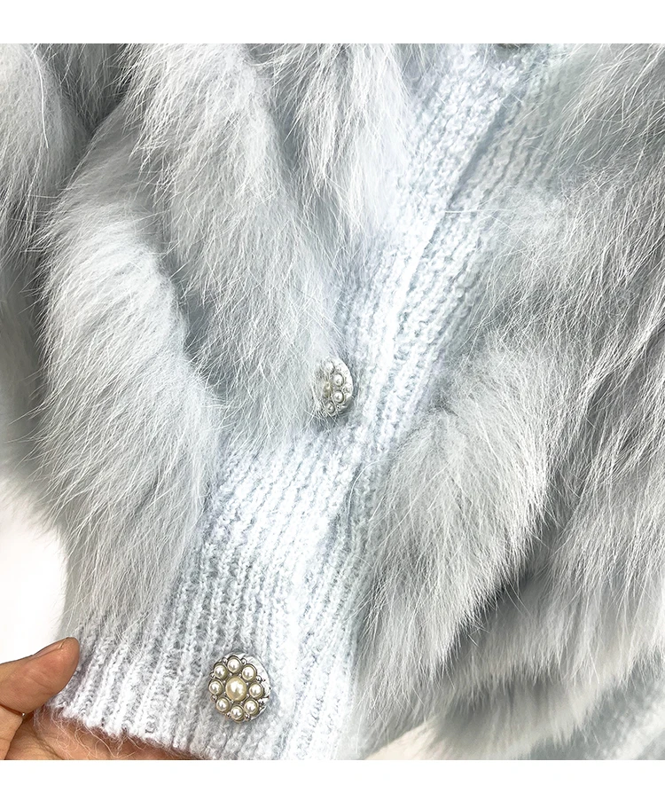 2023 New Women Real Fox Fur Oversize Loose Spring Fox Fur Strip Sewed Together Outside Decoration Lady Fashion Sweater Cardigan