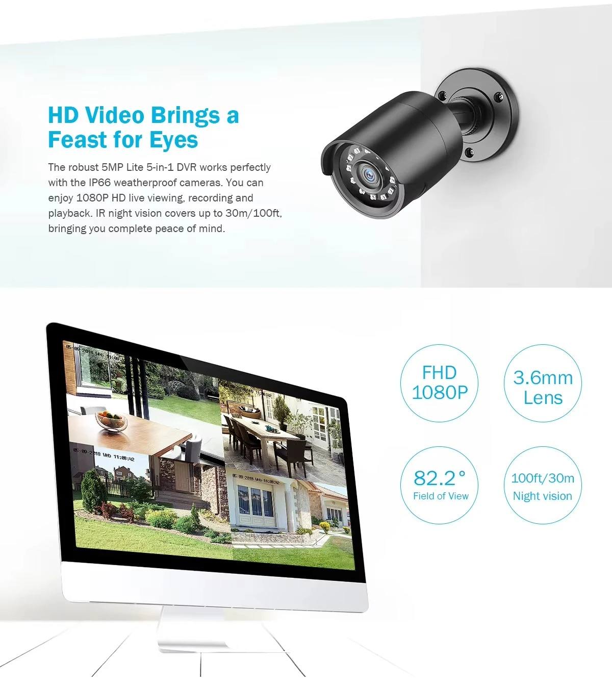 ANNKE 4CH 5MP H.265 + 5 في 1 نظام أمان DVR P2P تشغيل الوصول عن بعد 4 قطعة 1080p HD CCTV خارجي