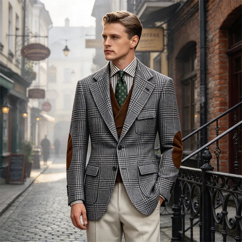 Men's Vintage Plaid Tweed Blazer Single Breasted With Elbow Patches Retro Jacket Design Multi Pockets Casual Business Daily Wear