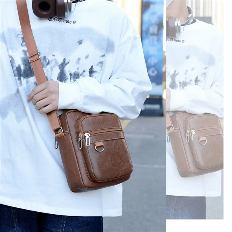 حقيبة رجالية من جلد البولي يوريثان كاجوال جديدة ذات سعة كبيرة مقاومة للماء حقيبة يد بنية سوداء حقائب كتف متنقلة في الهواء الطلق