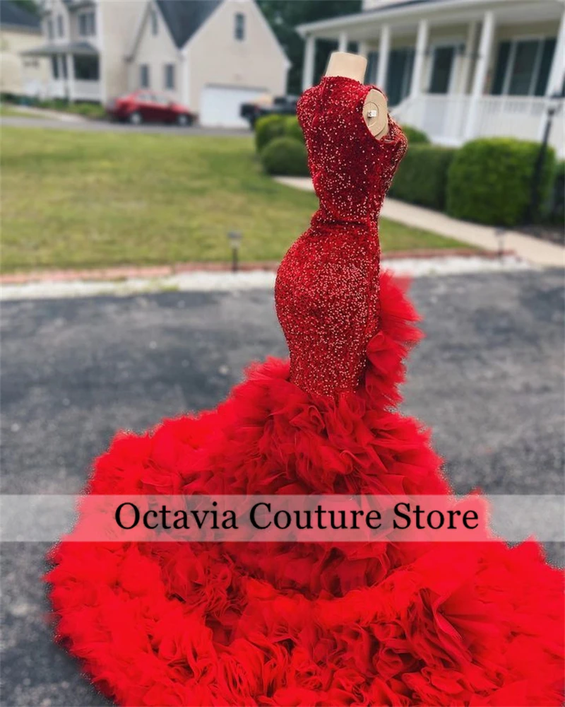 Red O N Long Prom Dresses Black Girls Bead Crystal Applique 2024 Birthday Luxury Dress Ruffles Formal Gown With Split Customzied