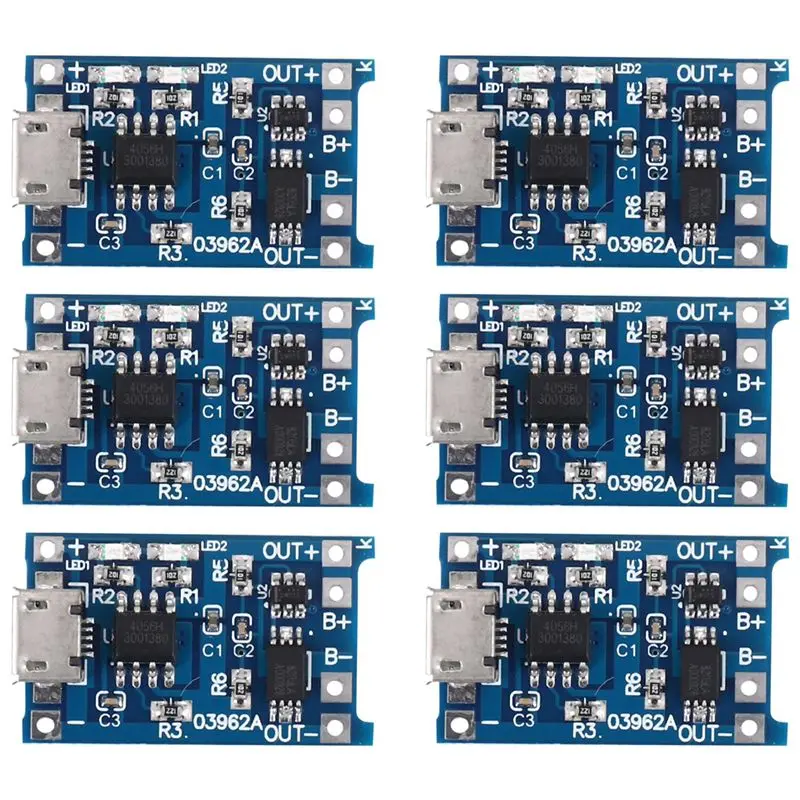 

Модуль зарядки DIGIT-6PCS для TP4056 с защитой аккумулятора 18650 BMS, плата зарядки 5В Micro-USB 1А для 18650