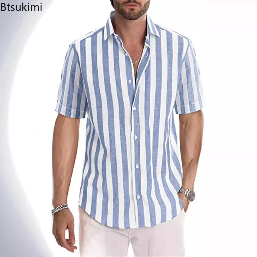 Fashion New Men's Summer Striped Short Sleeve Shirt Breathable Casual Beach Blouse Laple Button-up Loose Versatile Shirt for Men