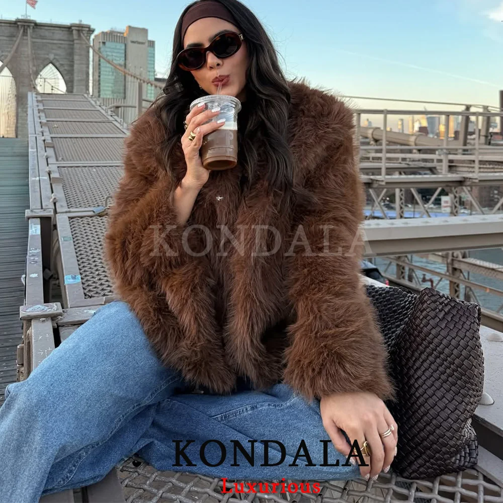 KONDALA Casual Chic Light Brown Faux Fur Jackets Women Long Sleeve Pockets Loose Coats Fashion 2025 Autumn Winter Thick Coats