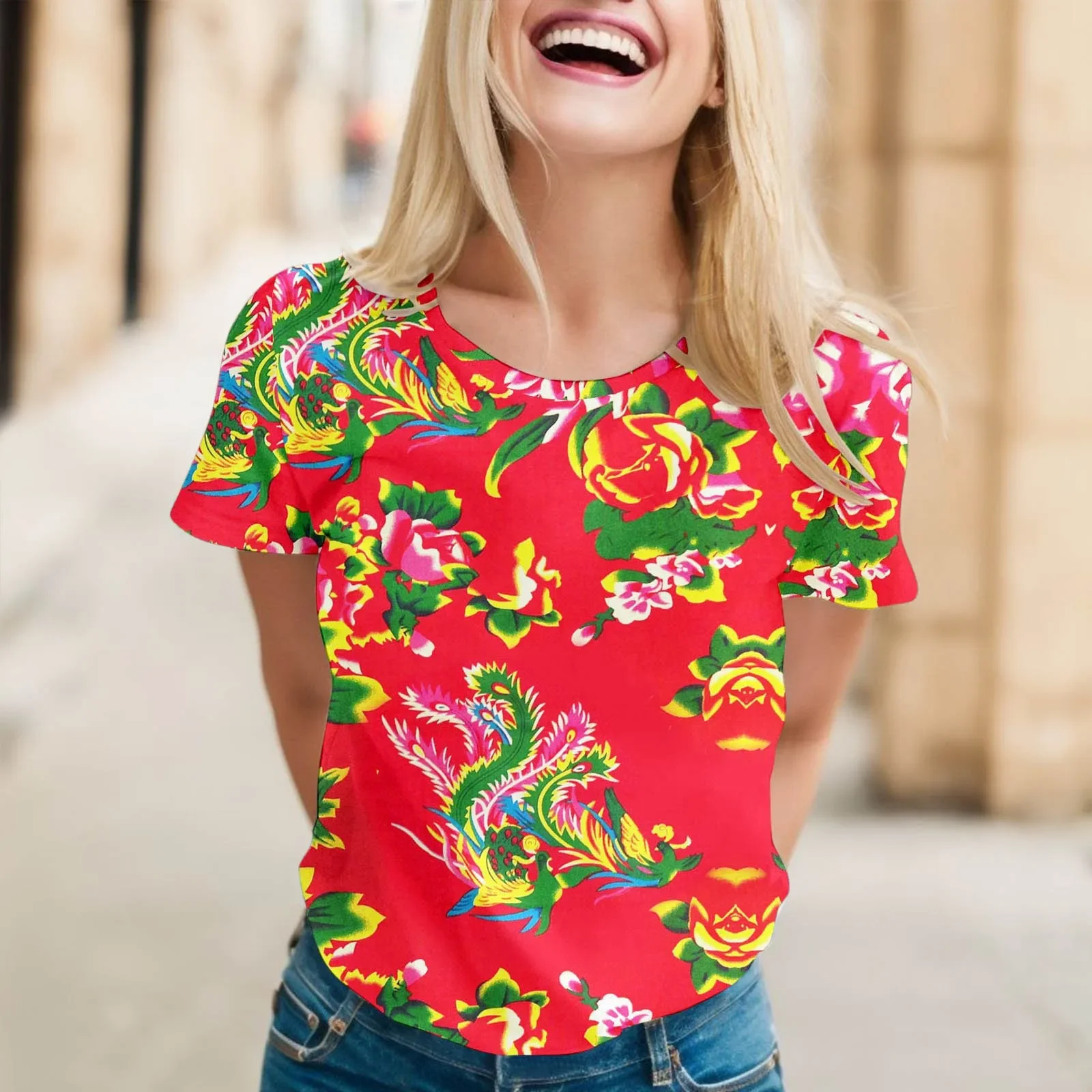 

Womens Casual T Shirt Dongbei Big Flower Printed Short Sleeve O Neck Women'S Traditional Ethnic Groups T Shirt Top 2023