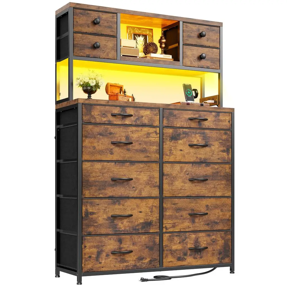 Dresser for Bedroom with Large Drawers,Dressers amp Chests of Drawers Featuring LED Light and Charging Ports,Sturdy Fabric Drawe
