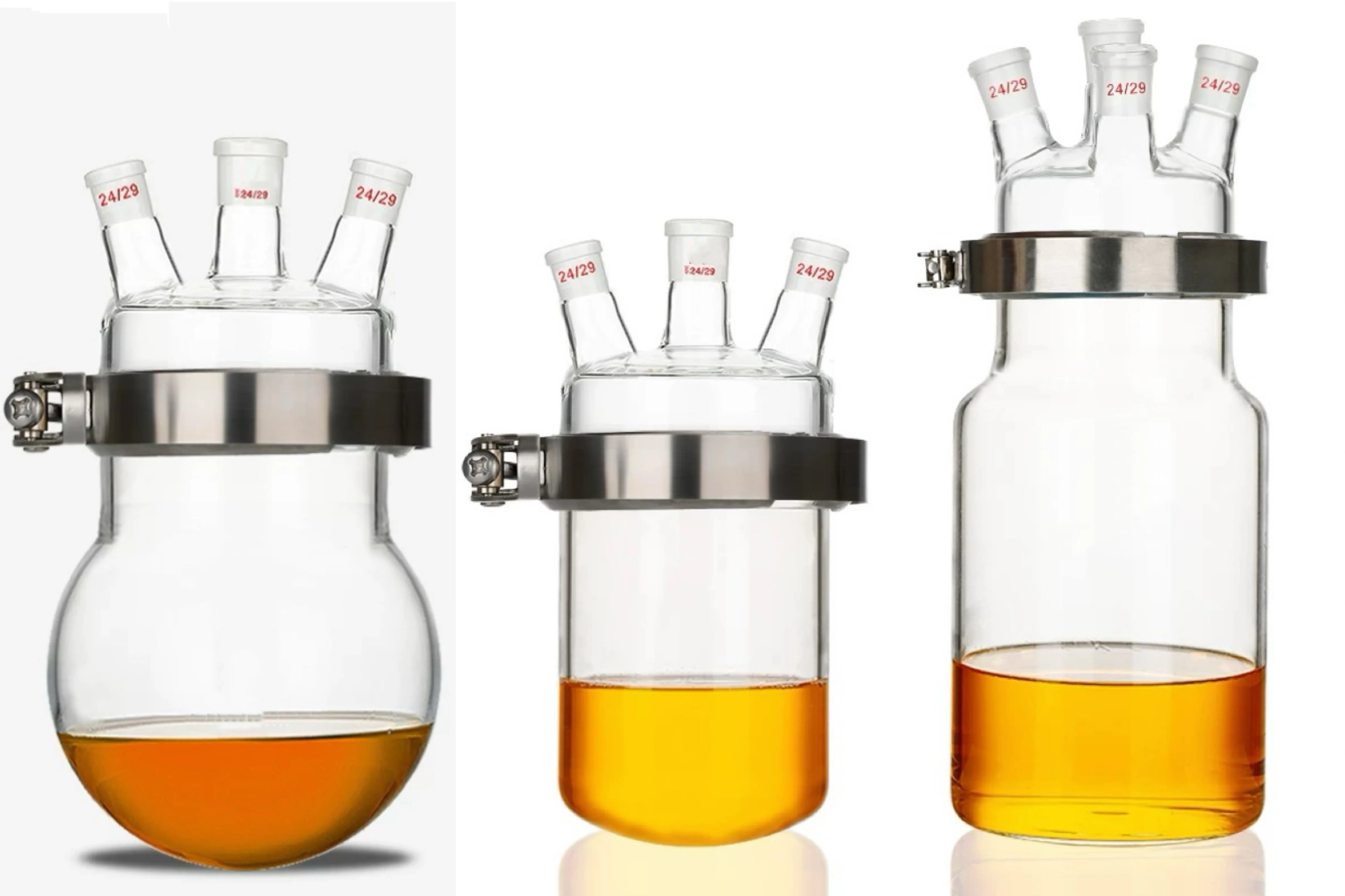 250mL Inclined Three Port Flat Bottom/Round Bottom Single-layer Glass Reaction Kettle Set, Stainless Steel Flange Clamp Split-Po