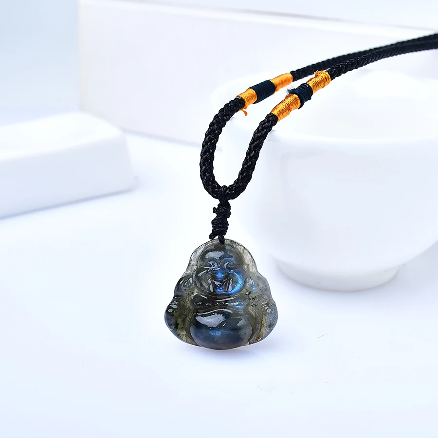 1PC Natural labradorite Maitreya Buddha Statue Pendant Random Crystal Healing Stone Carving Gemstone Crafts Home Decor DIY Gift view 5