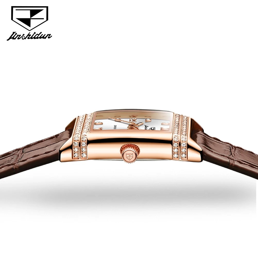 JSDUN Woman Watch Luxury Diamond Dial Comfortable Leather Watchband Fashion Square Rose Gold Quartz Wristwatches Montre Femme