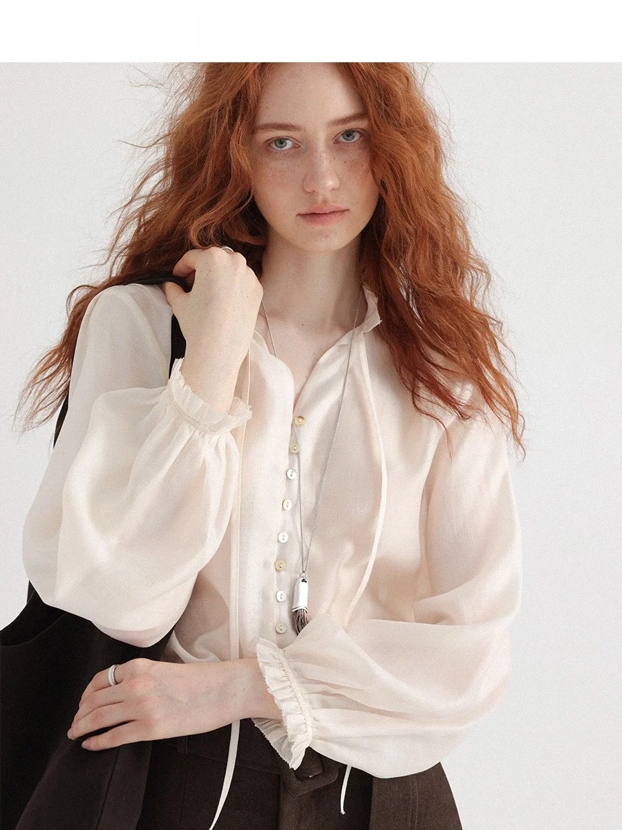 

Женская шифоновая блузка с длинным рукавом и воротником на пуговицах, свободного кроя, для ранней весны, простой дизайн, стройнящий эффект, модная