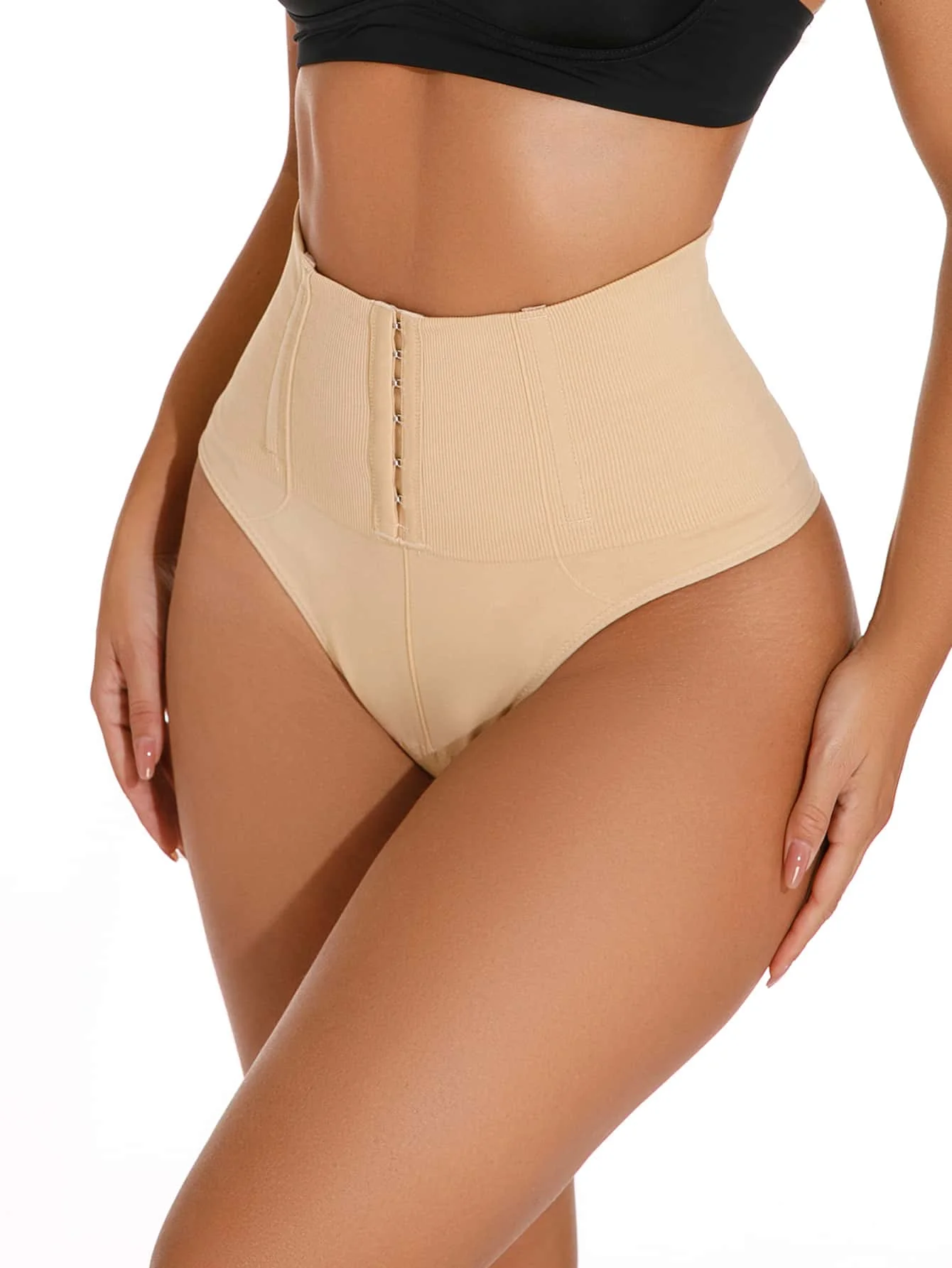 

Womens High Waist Thong Shapewear With Steel Bones And Hook Closure