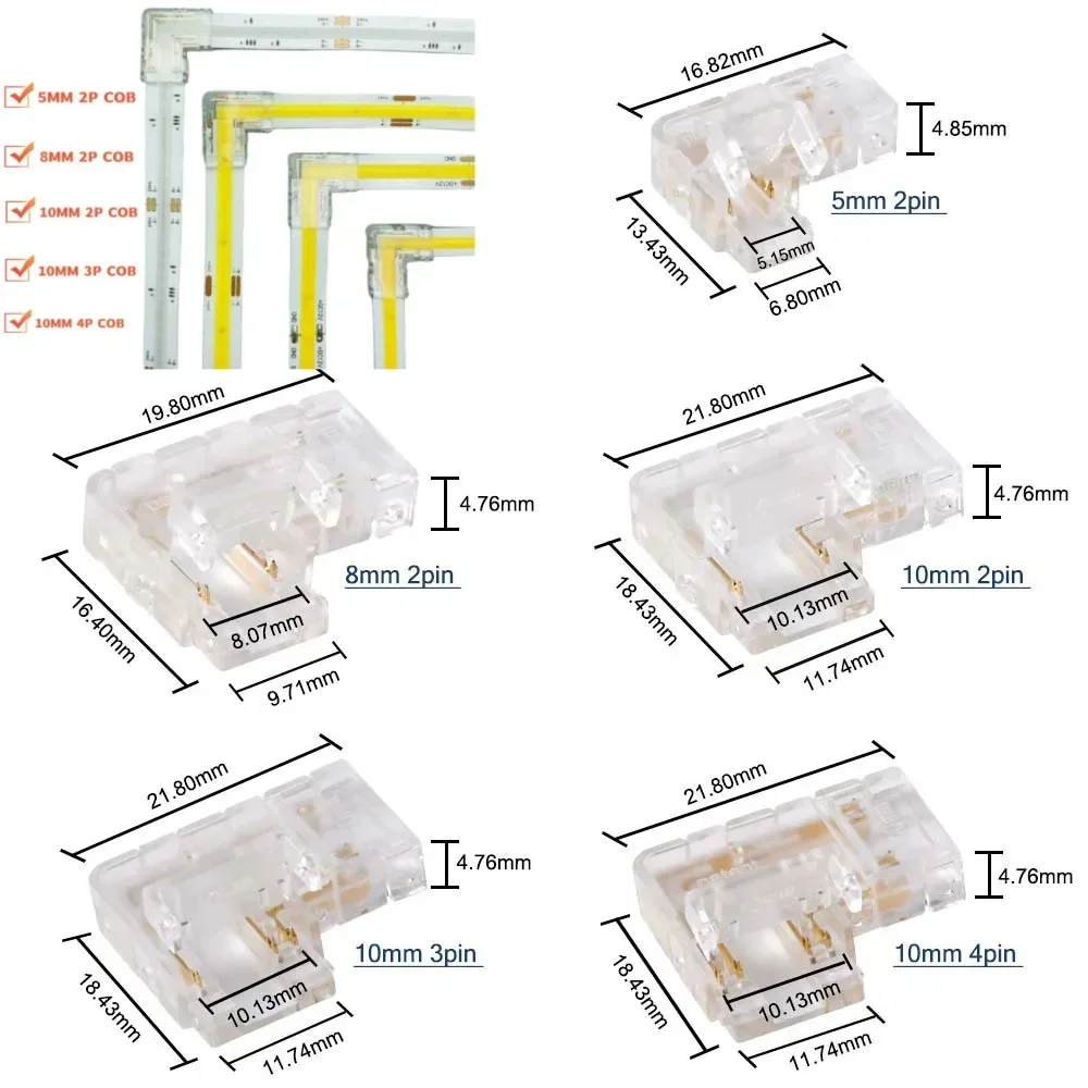 90Degree L Shape 2/3/4pin 5/8/10mm LED Strip COB Connector Seamless Right Angle Corner Connector for CCT RGB LED Strip COB Lamp