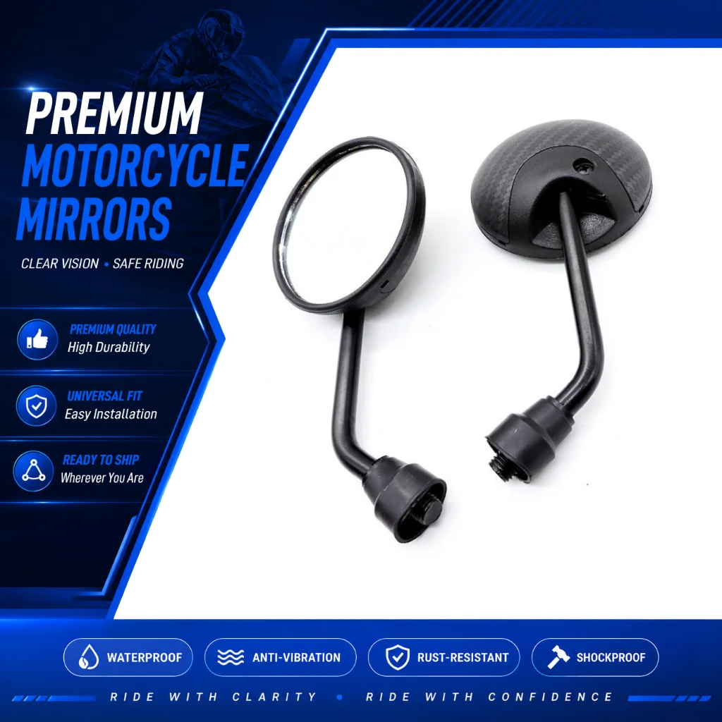 10mm Universal Round Motorcycle Rearview Mirrors Pair, Carbon Fiber Texture Housing Side Rear View Mirror for Electric Bike
