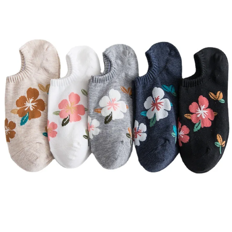 Khaki Floral Silicone Non-slip Low Cut Ankle Boat Sock No Show Socks Women Fashion Invisible Antiskid Woman Sock Slippers Summer