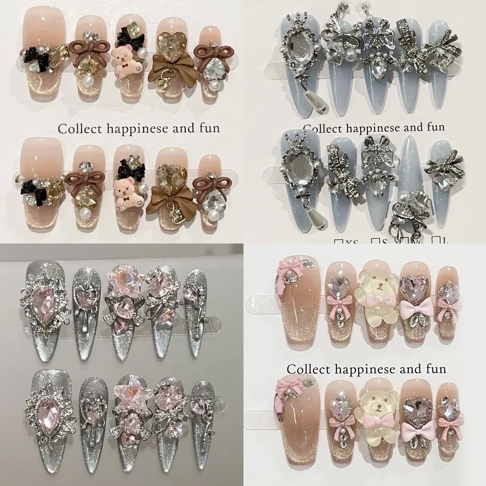 달콤하고 사랑스러운 만화 곰 롱 코핀 스틸레토 가짜 손톱 리본 진주 다이아몬드 꽃 고양이 눈 착용 가능한 가짜 손톱