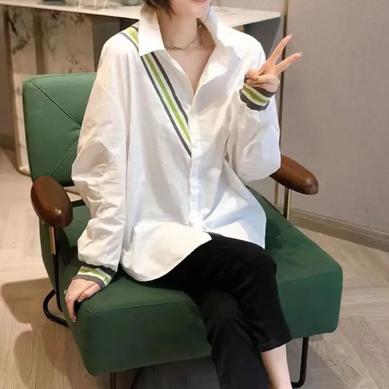 2023 Casual Striped Spliced Shirt Spring Autumn Long Sleeve Streetwear Stylish Single-breasted Female Clothing Polo-Neck Blouse