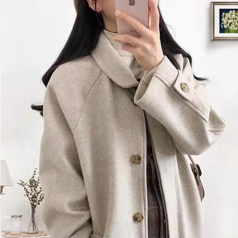 WinterWoolenJacket Women's New 2024 Autumn/Winter Thickened Soft Versatile Woolen Overcoat Medium-Length Square Collar Loose Fit