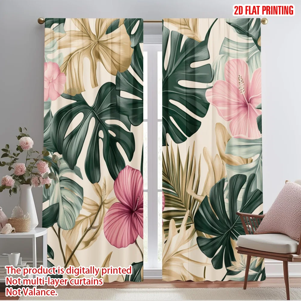 2pcs,2D plane printing Curtain Popular Tropical Blooms Versatile Durable Polyester (without rod) Holiday for Living Room and