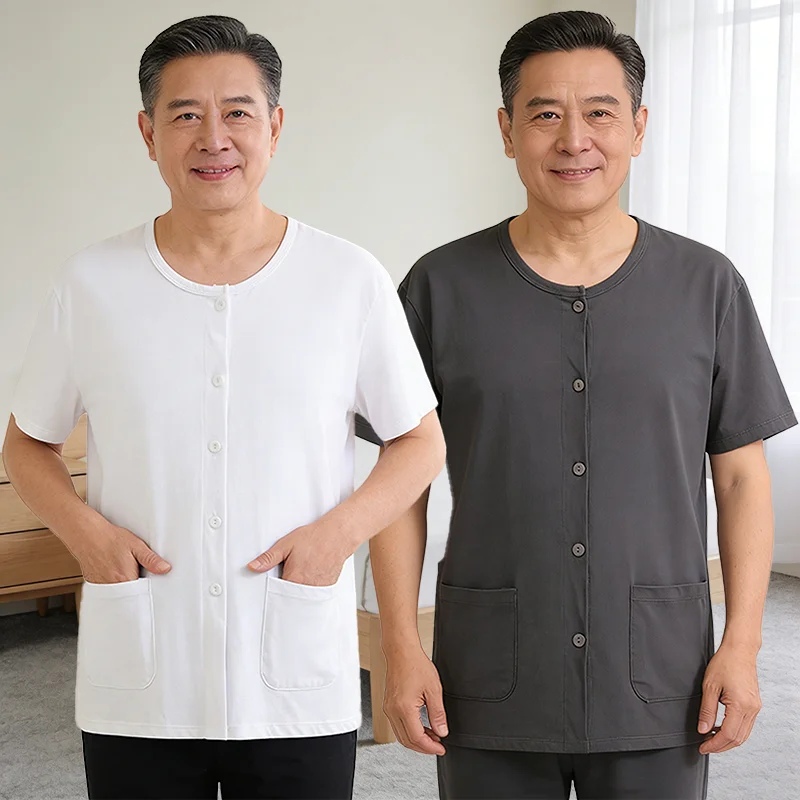 Loose Fit Pure Cotton Short Sleeve Open Front Cardigan Nightgown for Elderly Men Summer Lightweight Breathable Air Conditione...