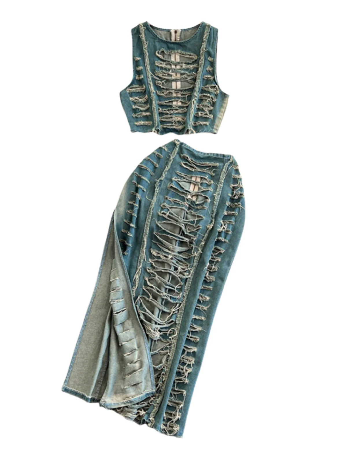 Handmade Slimming Sexy Hollow out Trendy Vest High Split Denim Skirt Two Piece Set Women's Fashion Spring Zipper round Neck Fit