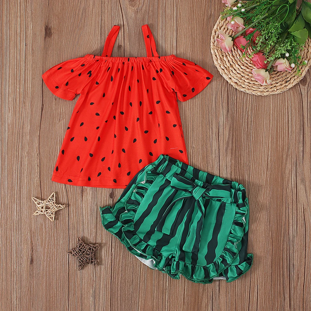 Girls\' Watermelon Pattern Camisole Baby Top + Wave Pattern Shorts Two-piece Children\'s Clothing Set