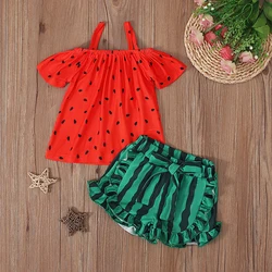 Girls' Watermelon Pattern Camisole Baby Top + Wave Pattern Shorts Two-piece Children's Clothing Set