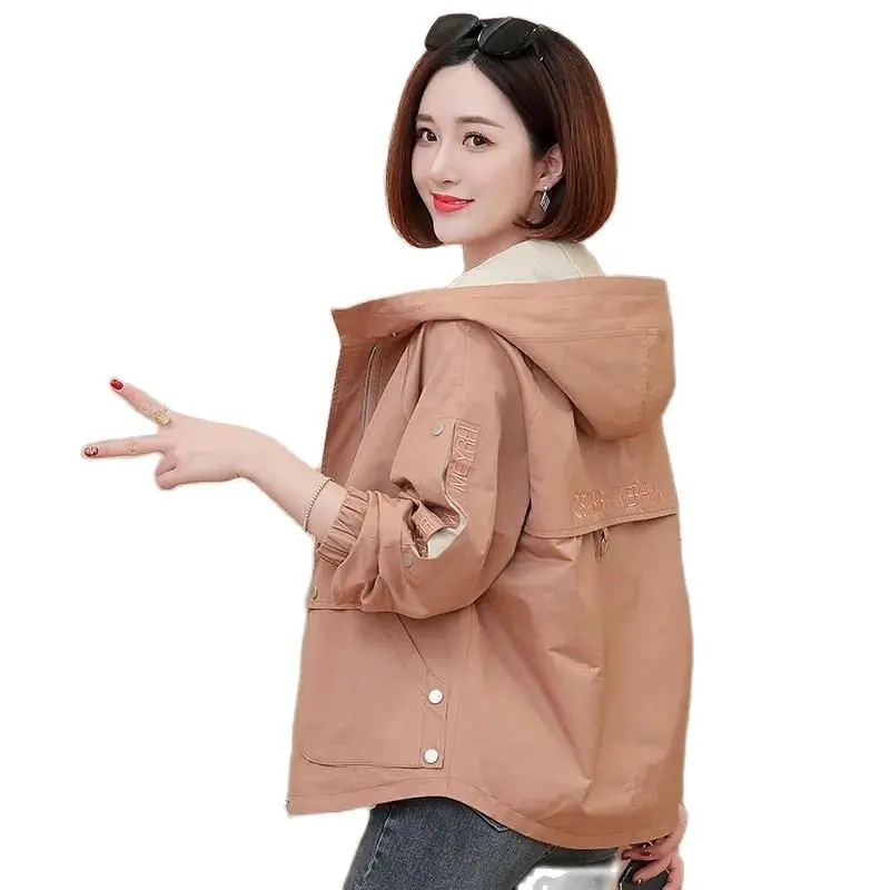 

Spring Autumn Short Trench Coat Women 2023 New Loose Hooded Windbreakers Pure Colour Tops Fashion Zipper Outerwear Female