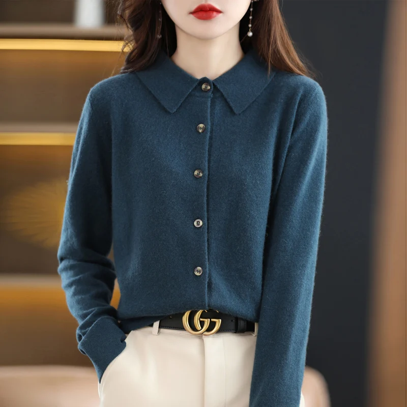 Women\'s Wool Knit Cardigan Loose Delicate PoLo Neck Sweater Jacket Solid Color Button Shirt Fashion Casual French Chic Design