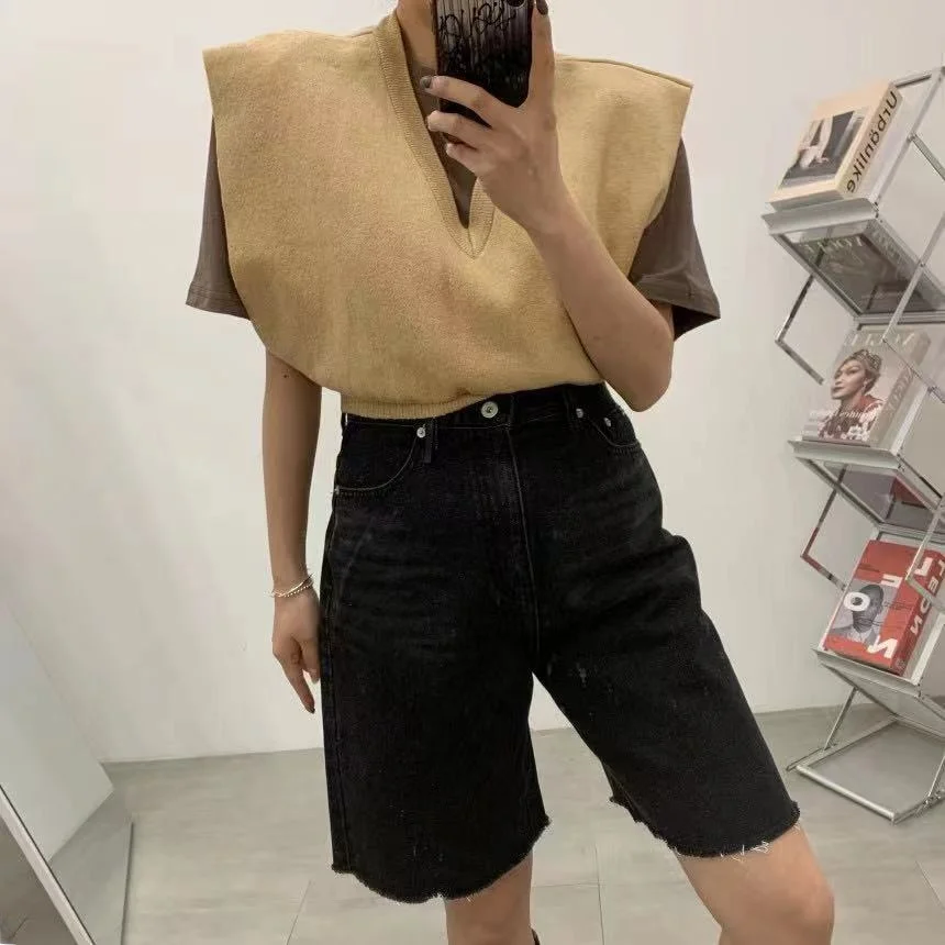 

V-Ne Svel Knitted Vest Women's Retro Loose Waist-Cinching ort Sle Layering Trendy Cotton Commute Summer Top